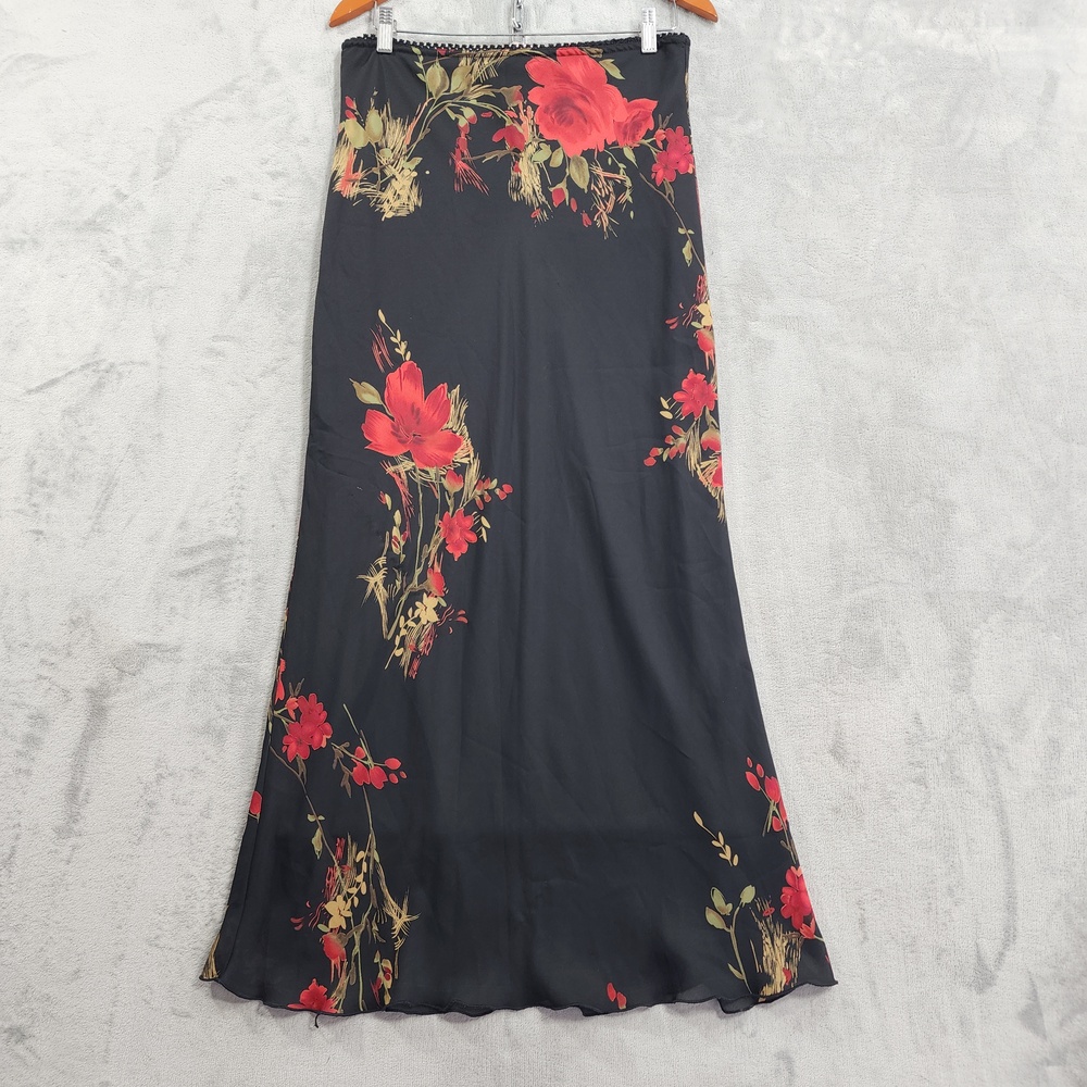 Vintage M Collection Skirt Womens L Black Red Floral Chiffon Maxi Pull On Party